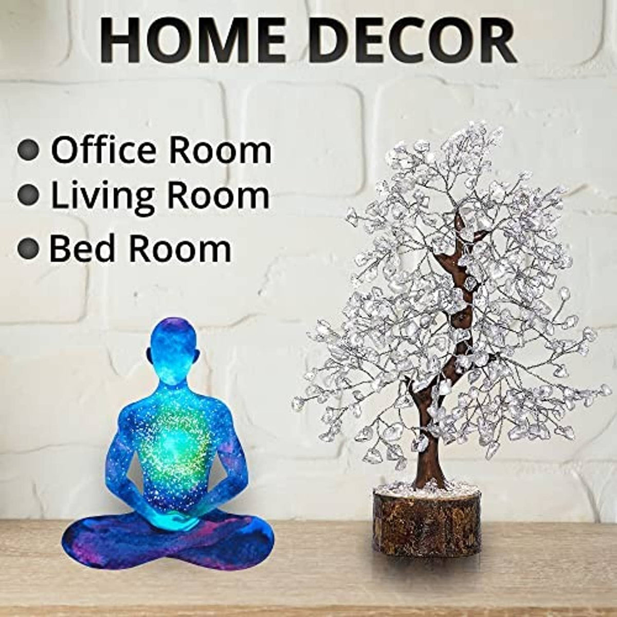 Clear quartz crystal tree sculpture with silver branches on round wooden base