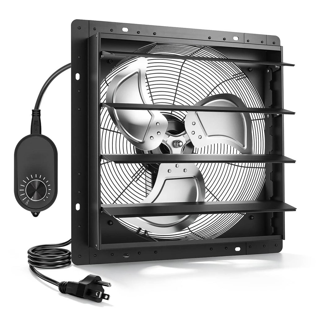 Wall-mount shutter exhaust fan with speed remote and power cord, black metal frame