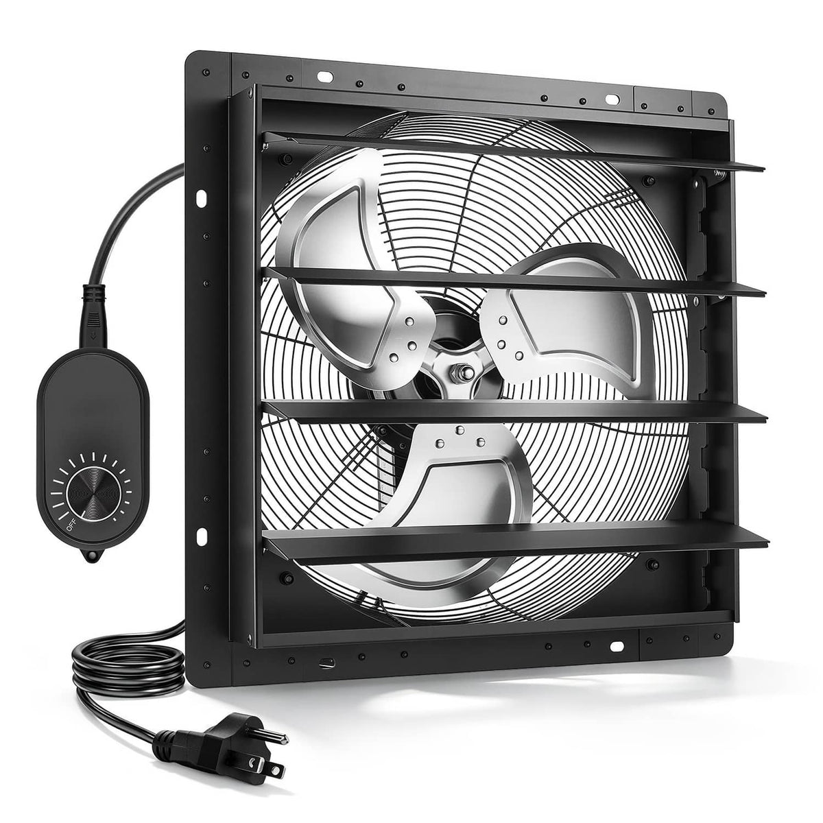 Wall-mount shutter exhaust fan with speed remote and power cord, black metal frame