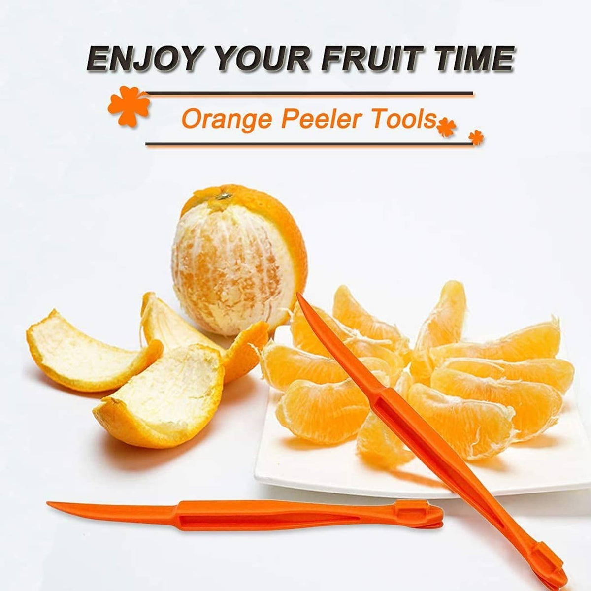 Plastic orange peeler tool with serrated edge, resting beside sliced orange segments.