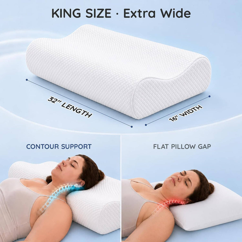 White king-size extra-wide contour memory foam neck pillow with measurements