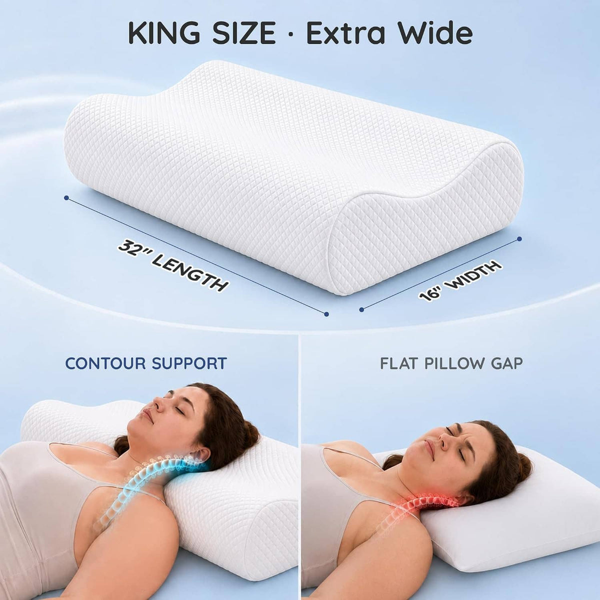 White king-size extra-wide contour memory foam neck pillow with measurements