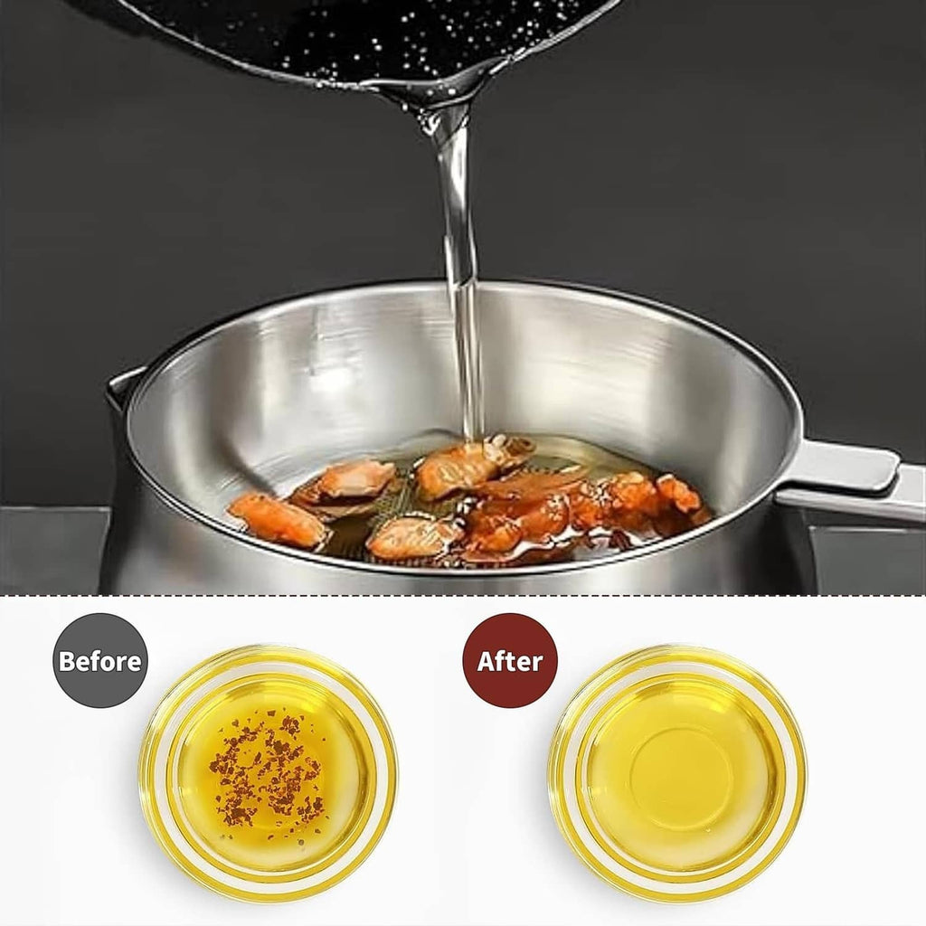 Stainless deep fryer pot catching hot oil with a pouring stream and metal basket