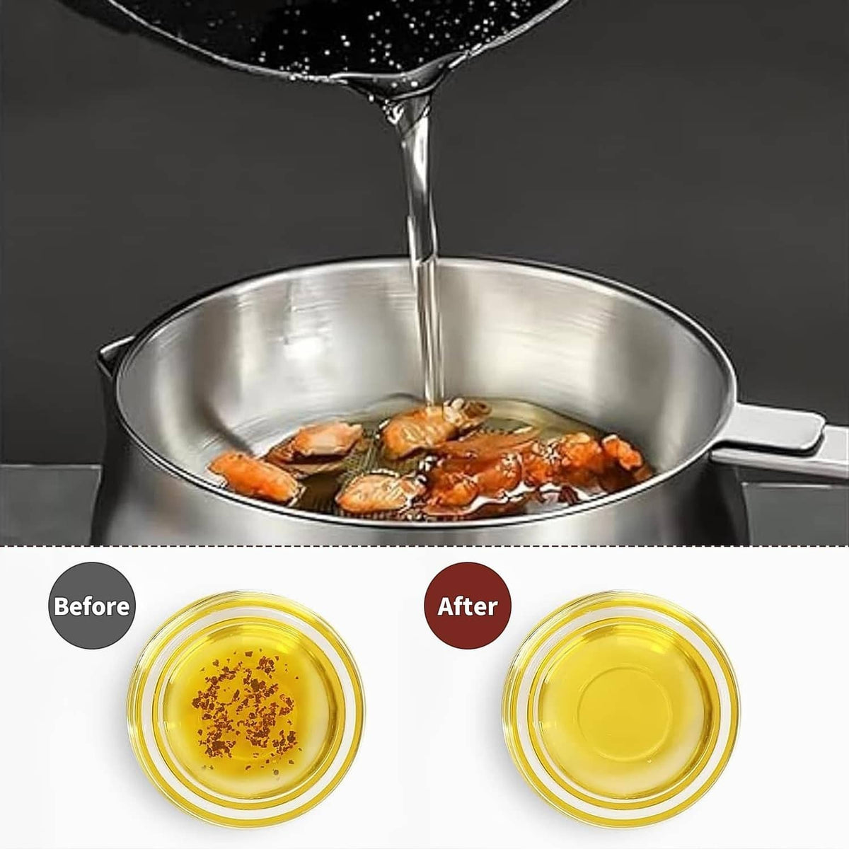 Stainless deep fryer pot catching hot oil with a pouring stream and metal basket