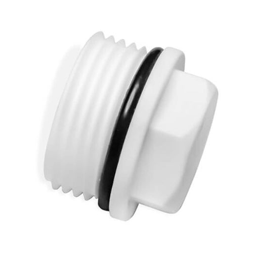 White PVC male pipe end cap with black rubber seal ring