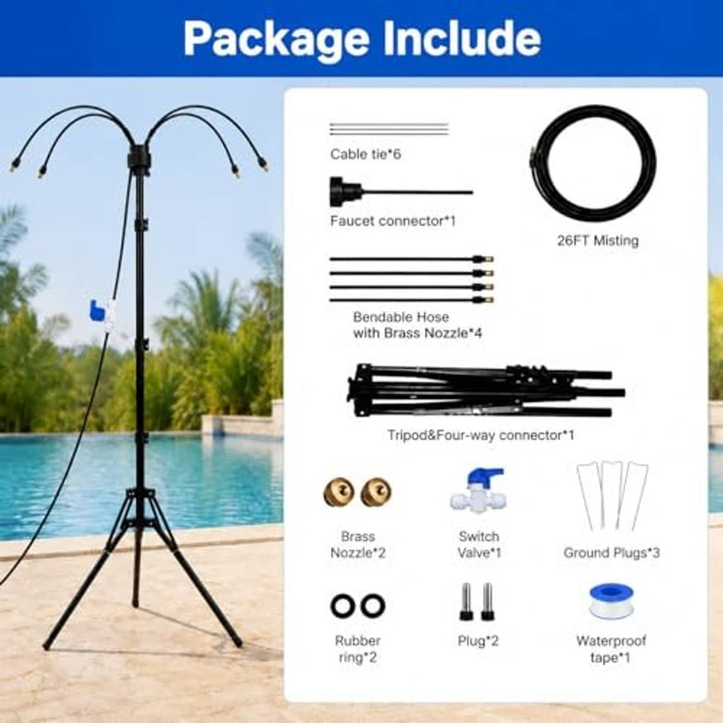 Outdoor misting tripod kit with hoses, brass nozzle tips, connectors, and faucet adapter