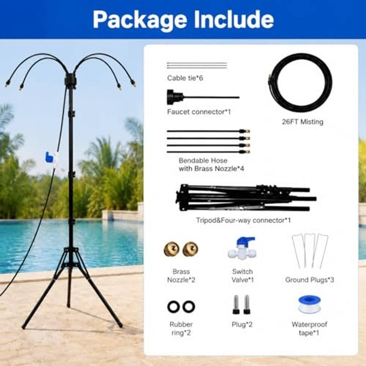 Outdoor misting tripod kit with hoses, brass nozzle tips, connectors, and faucet adapter