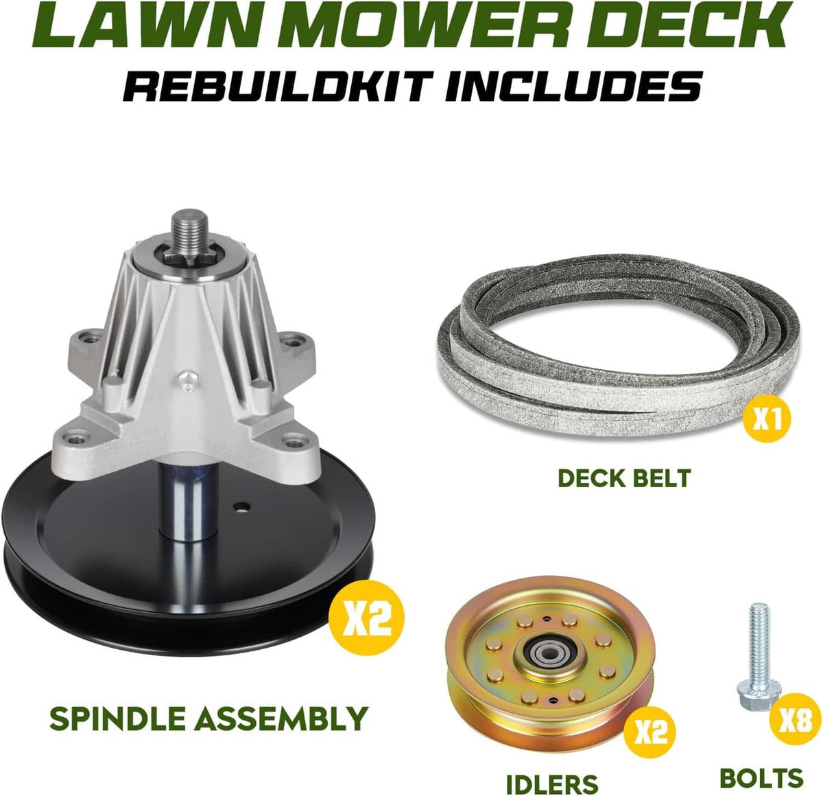 Spindle assembly, deck belt, and two idler pulleys with bolts for mower deck rebuild