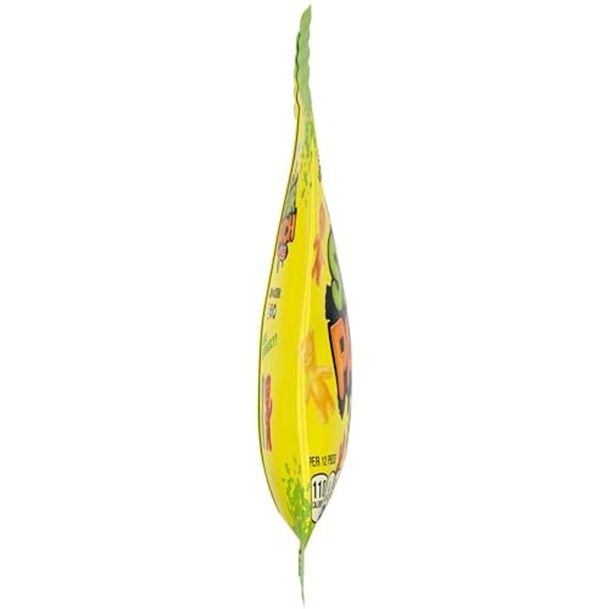 Yellow sour candy bag side with small printed text and nutrition label detail