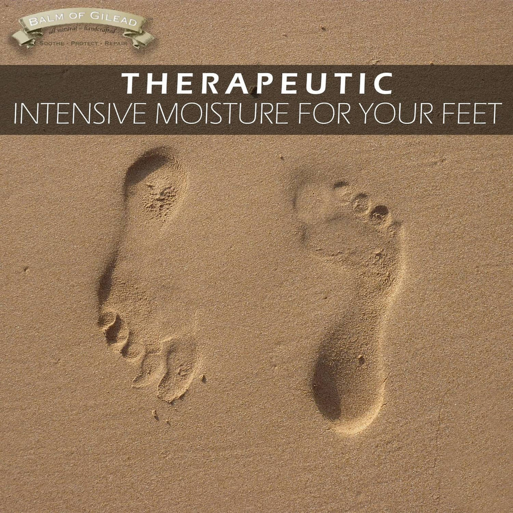 Foot healing cream therapeutic moisture promotional graphic with footprints in sand