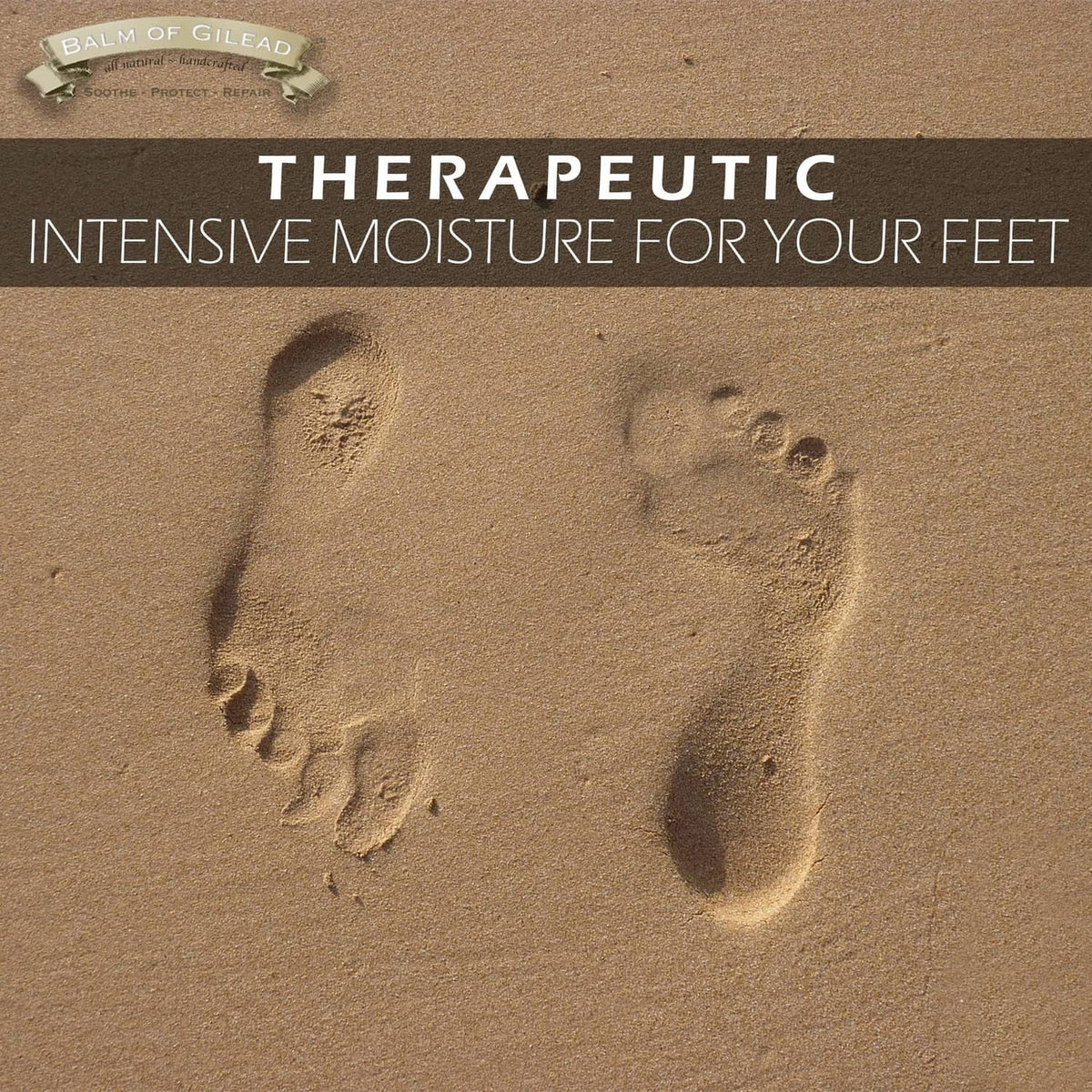 Foot healing cream therapeutic moisture promotional graphic with footprints in sand