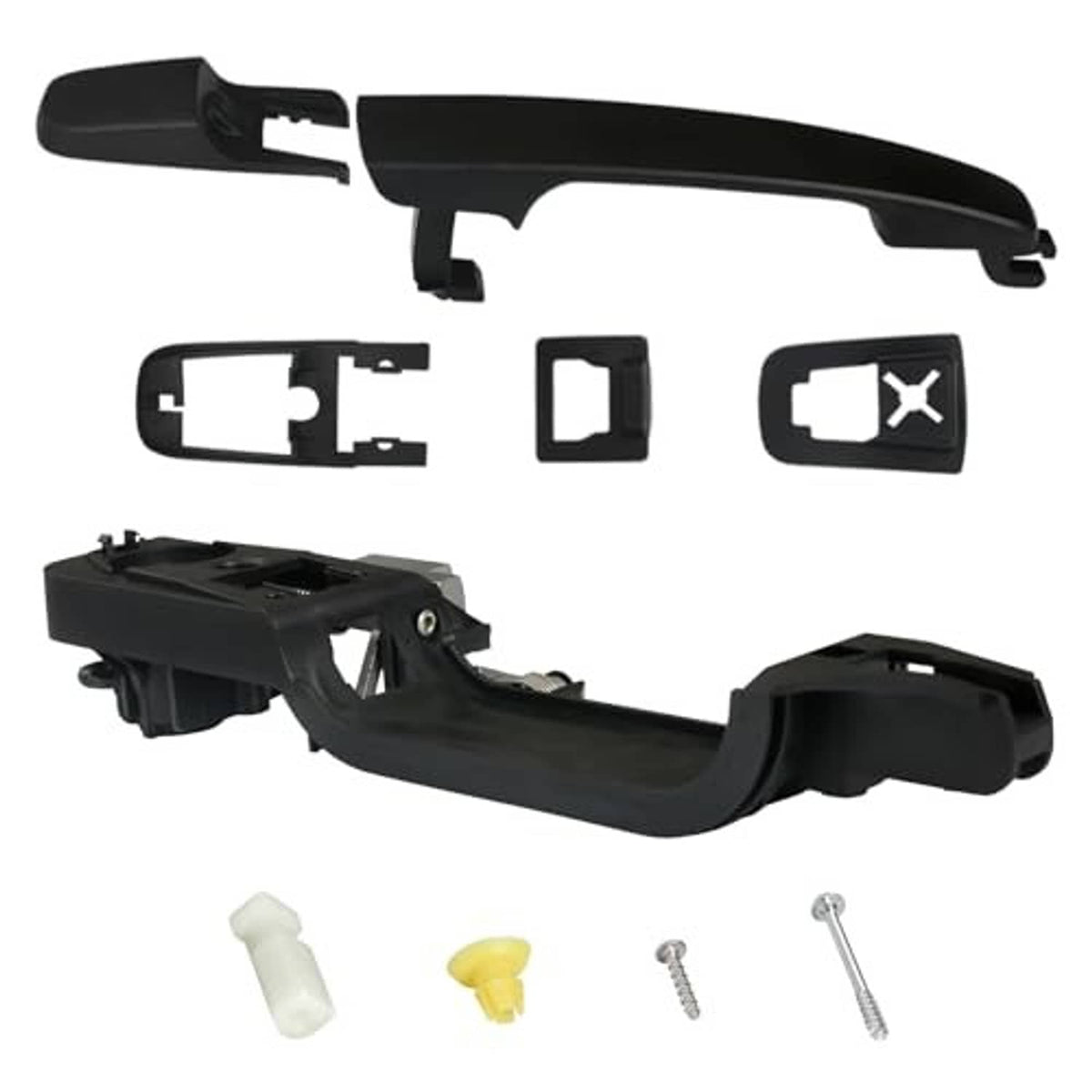 Black exterior door handle, handle shell, reinforcement pieces, and mounting screws