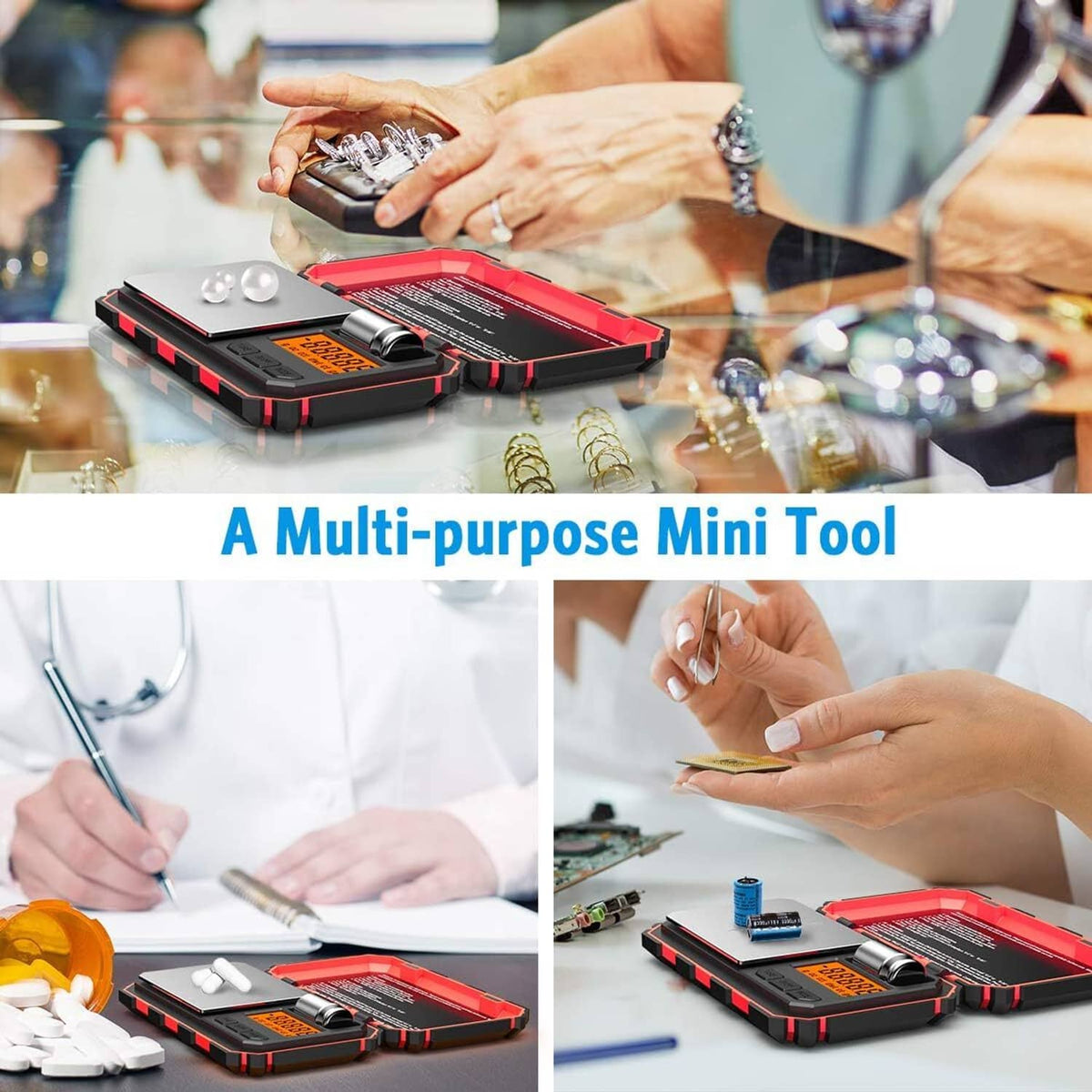 Multi-purpose mini digital scale with backlit LCD and accessory-style weighing setup