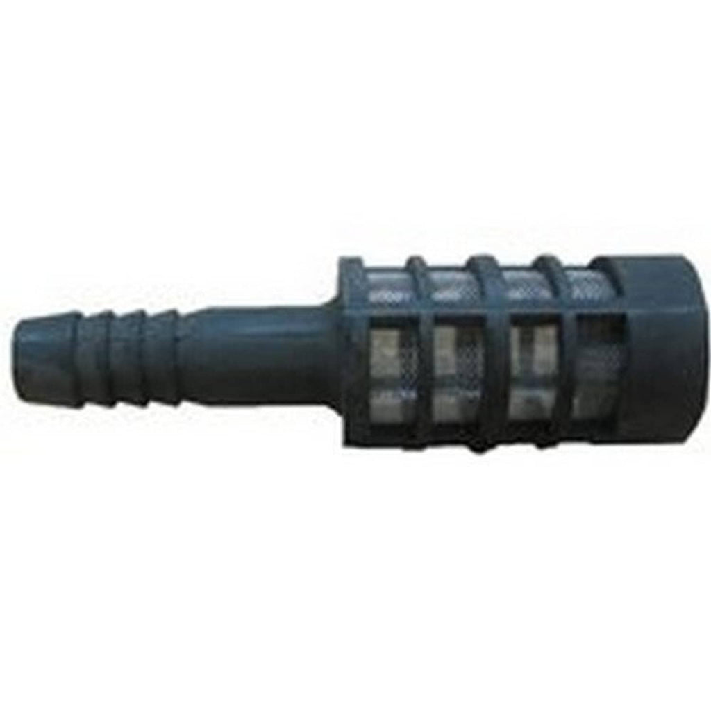 Black 3/8 in sprayer inlet strainer with mesh filter screen and barbed hose fitting