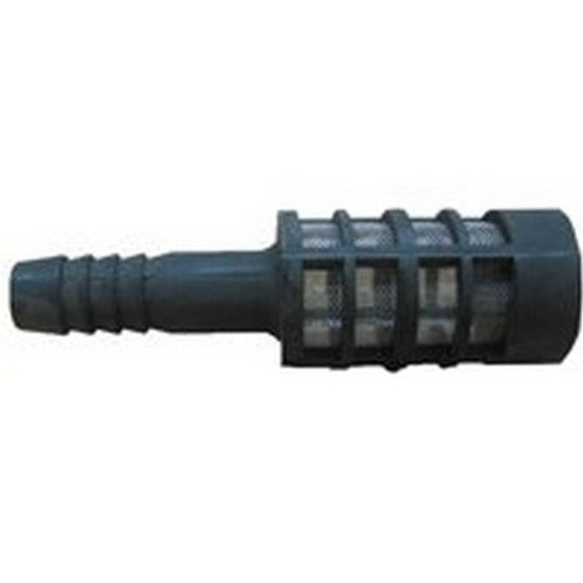 Black 3/8 in sprayer inlet strainer with mesh filter screen and barbed hose fitting