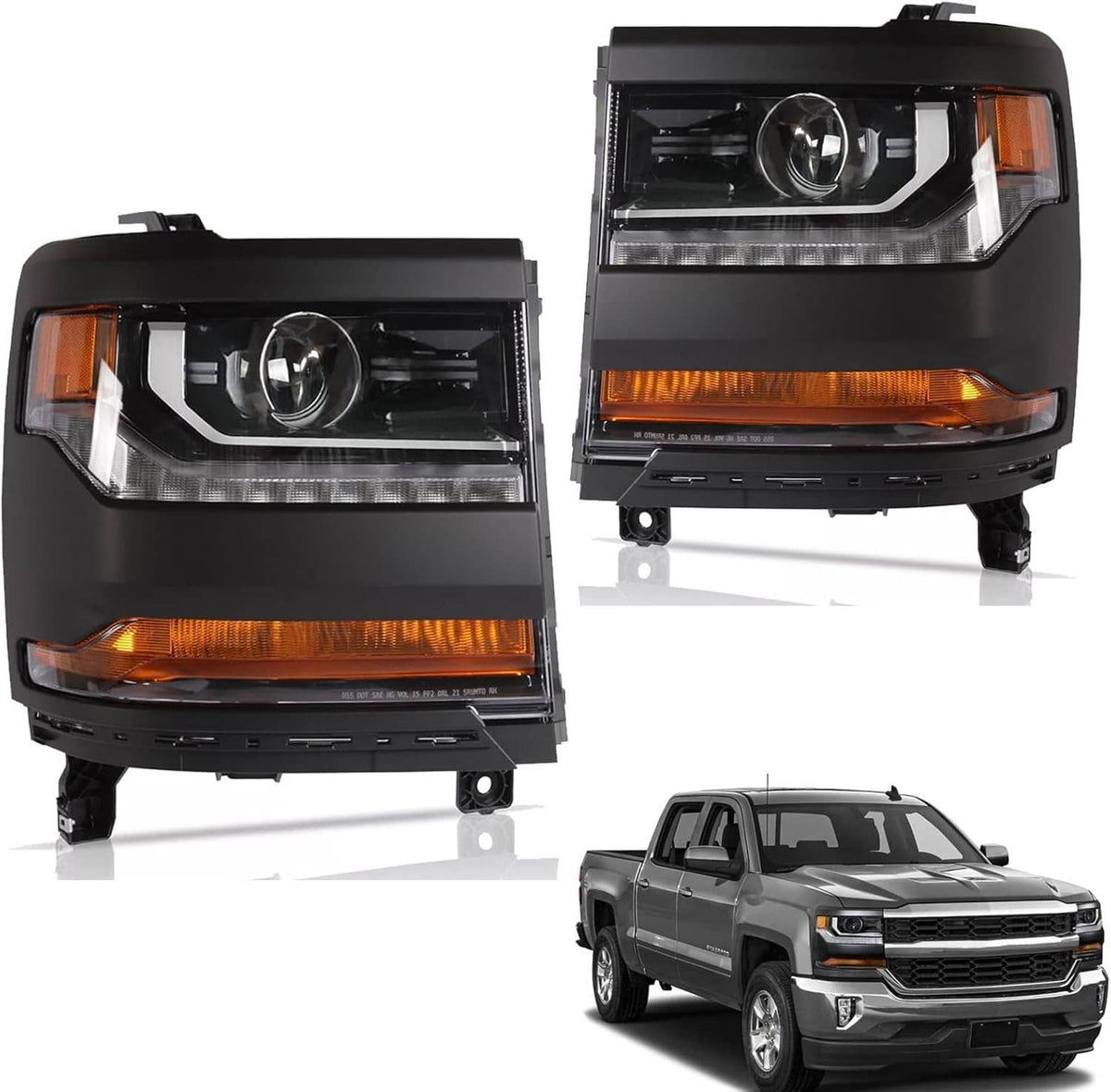 Pair of black headlights with projector lens and amber DRL bar
