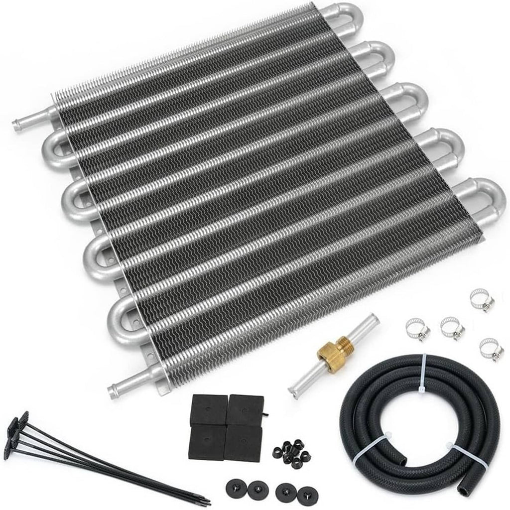 Aluminum oil cooler radiator assembly with mounting fittings, hoses, and hardware kit