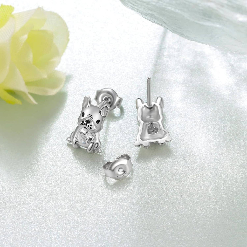 925 sterling silver French bulldog stud earrings with clear crystal, with a single post shown