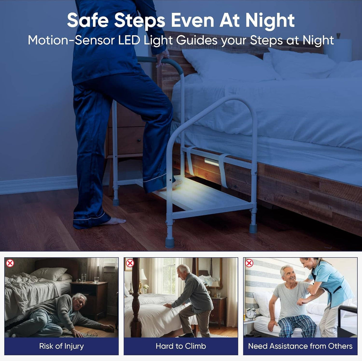 Bed step stool with motion-activated LED light glowing under the platform at night