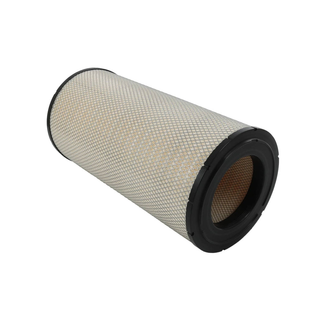 Engine air filter shown at an angle with tan pleated media and black end collars