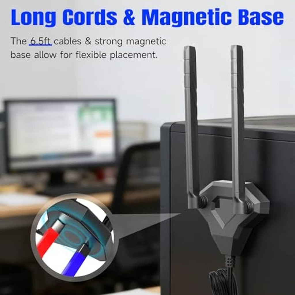 WiFi antennas with magnetic base and long black cable, close view of connector area