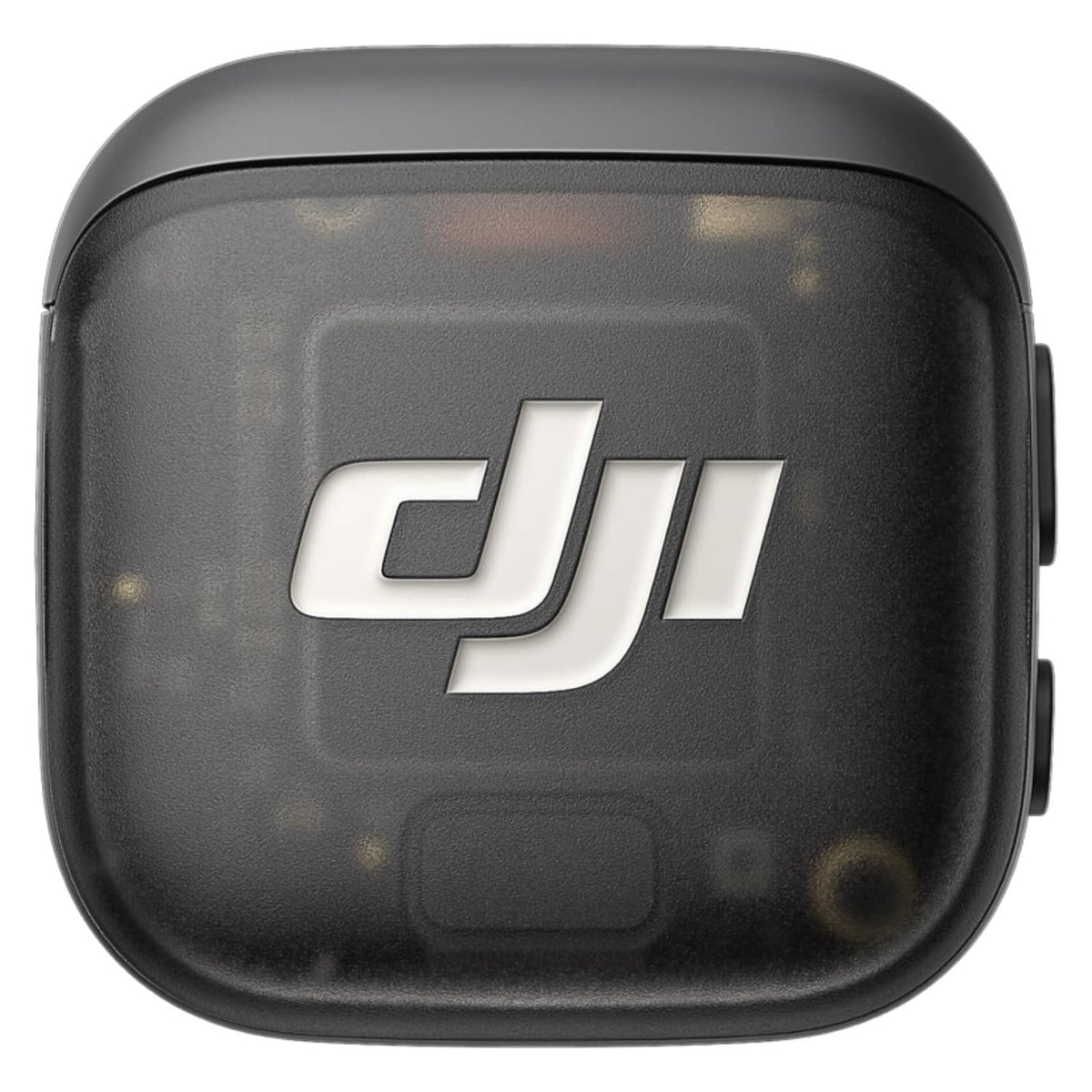 Black wireless mini microphone transmitter with DJI logo, compact rounded case.