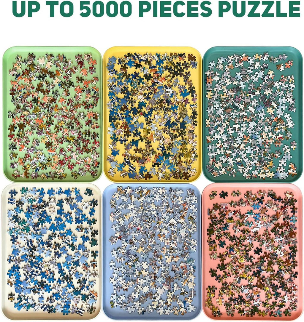 Set of six puzzle sorting trays with colorful puzzle pieces arranged in tray compartments