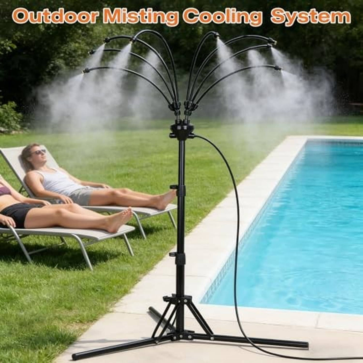 Outdoor poolside misting system on tripod cooling stand with arching spray lines