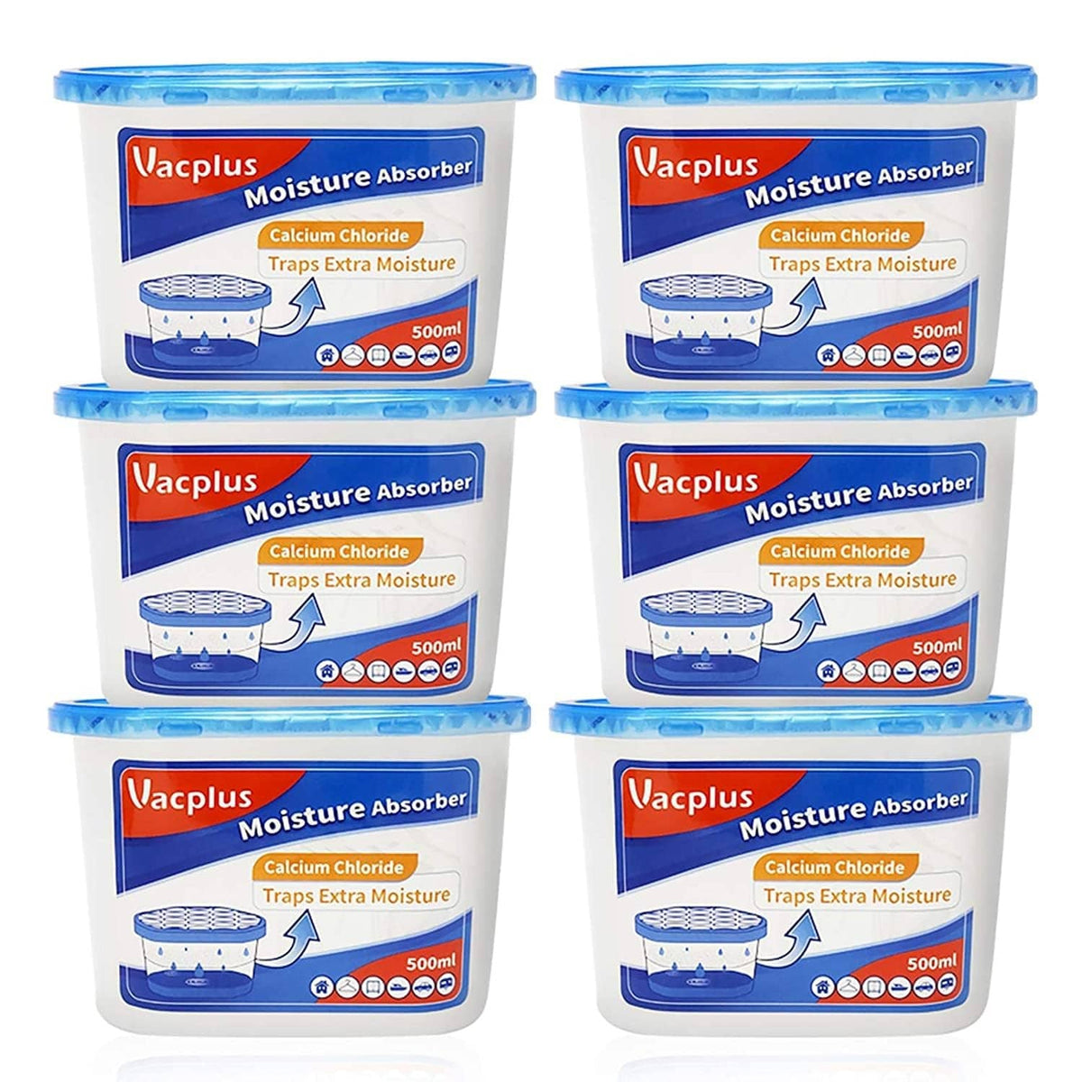 Vacplus moisture absorber 6-pack tubs with blue lids; calcium chloride, 500ml.