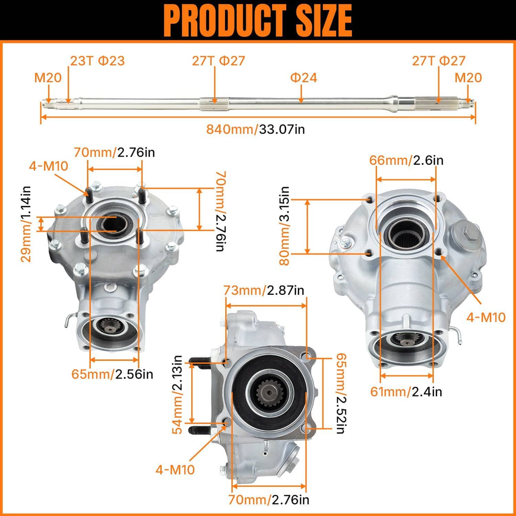 Rear differential size diagram with labeled dimensions and two housing views