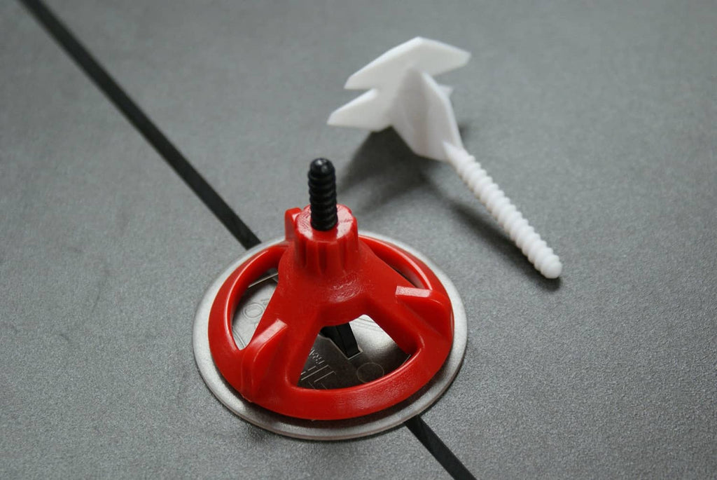 Tile leveling system red baseplate with threaded post and white wedge