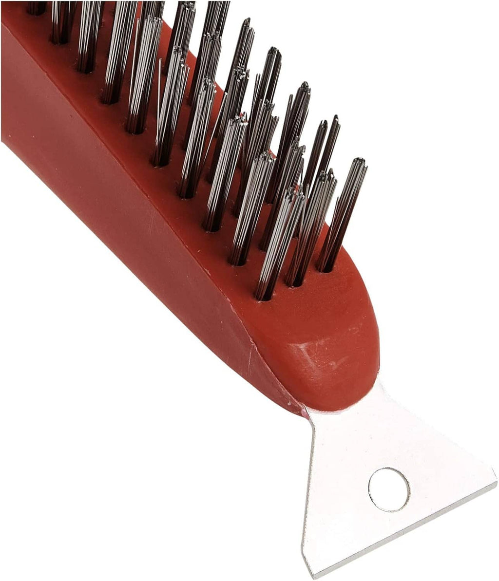 Corner view of stainless wire brush bristles with scraper plate attached