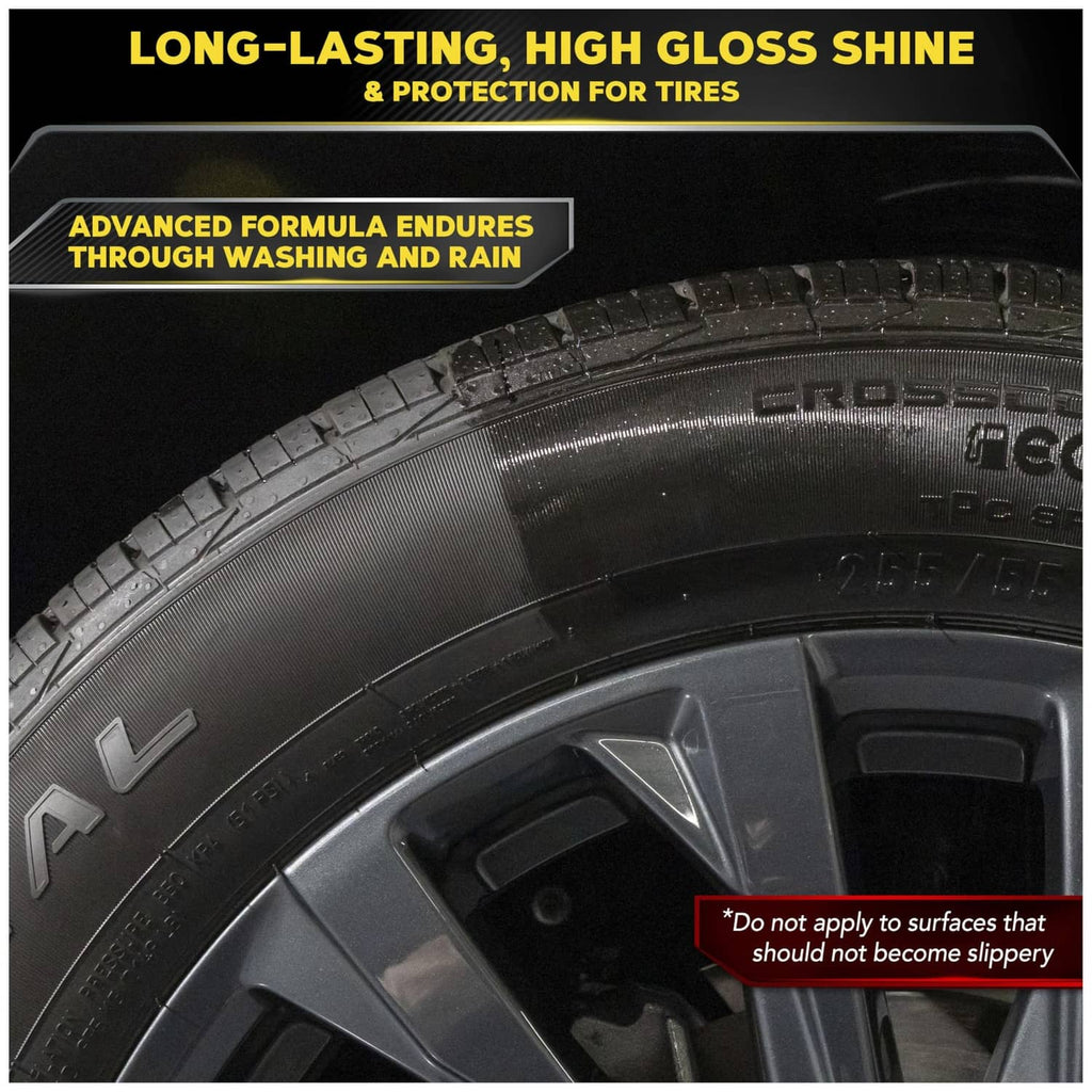Vehicle tire close-up with wheel spokes, ready for high-gloss tire gel