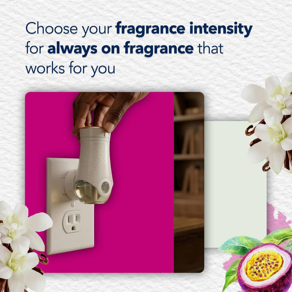 Hand inserting a refill into a beige wall plug-in air freshener base