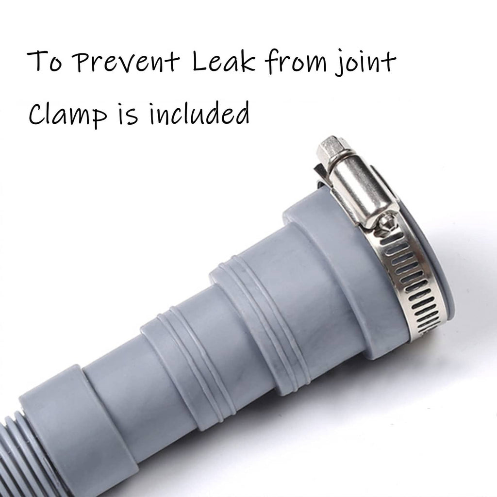Gray drain hose joint with included metal clamp to help prevent leaks