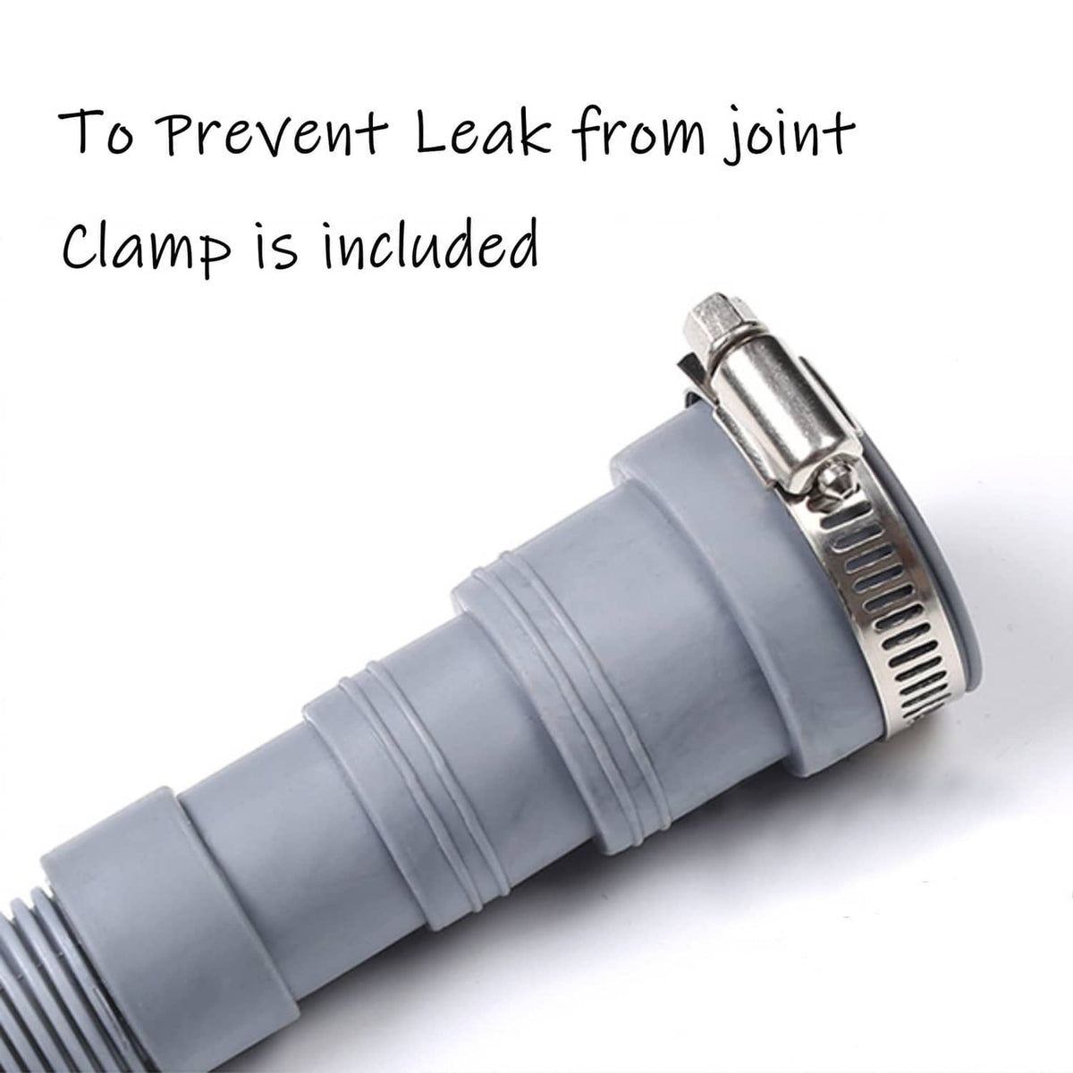 Gray drain hose joint with included metal clamp to help prevent leaks