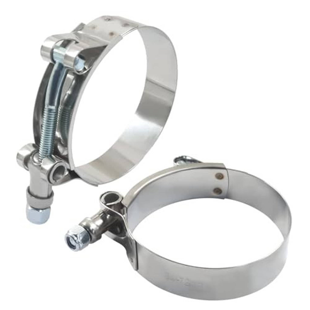 Set of two stainless steel T-bolt hose clamps, angled view with bolt heads