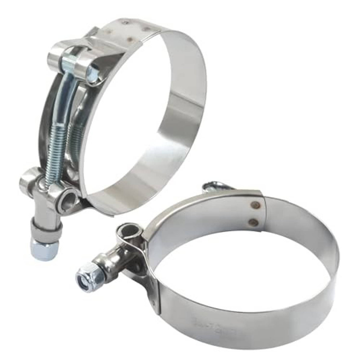 Set of two stainless steel T-bolt hose clamps, angled view with bolt heads