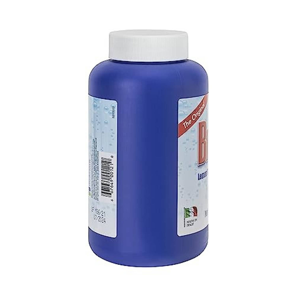 Brioschi effervescent beverage mix bottle, back side with barcode panel