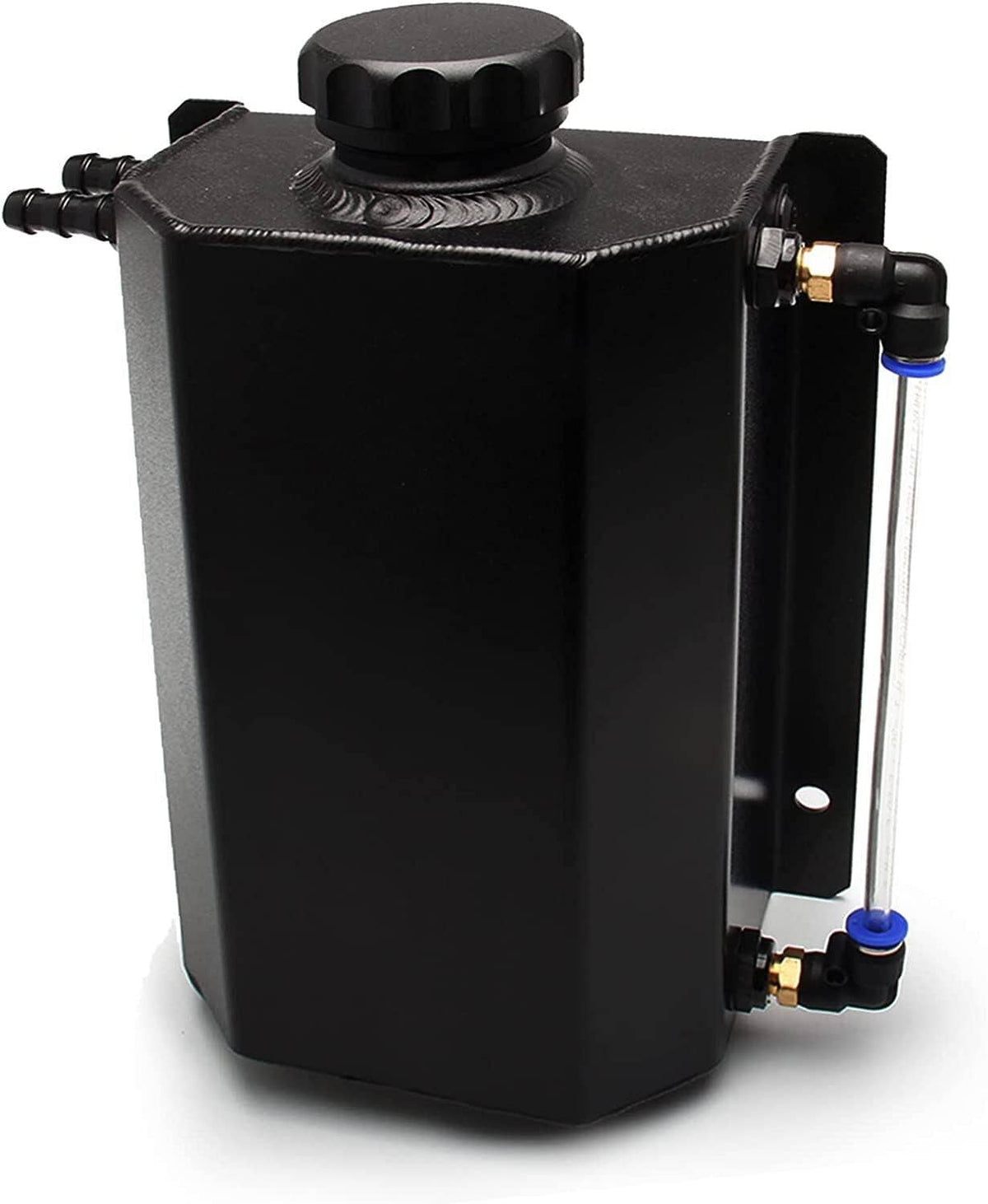 Black aluminum coolant expansion reservoir tank with cap and side hose fittings