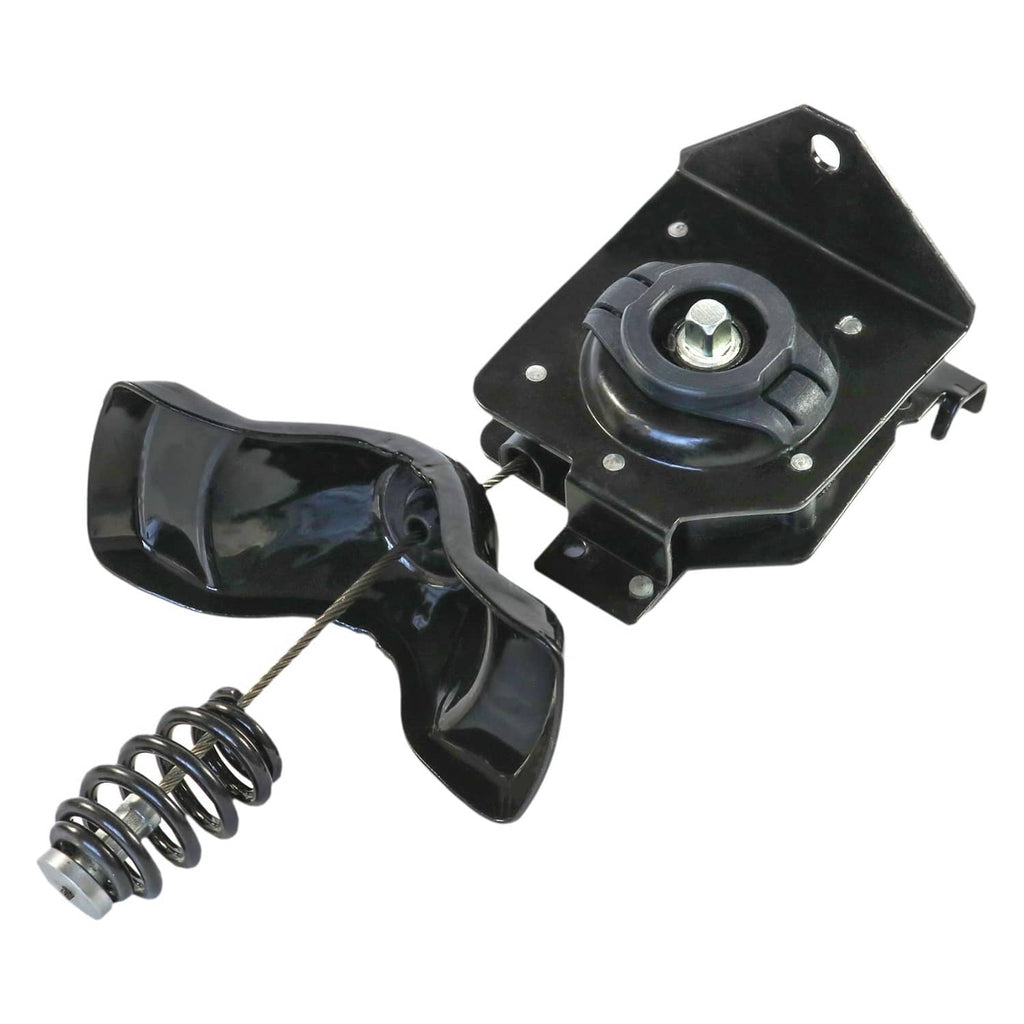 Black spare tire hoist assembly with spring, cable, and mounting bracket