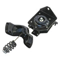 Black spare tire hoist assembly with spring, cable, and mounting bracket