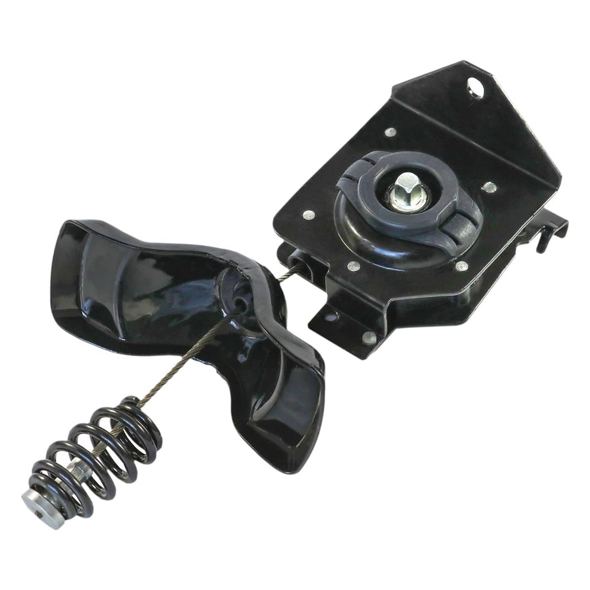 Black spare tire hoist assembly with spring, cable, and mounting bracket