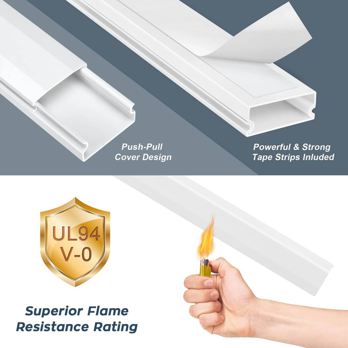White cable cover with push-pull cover design and strong included adhesive strips
