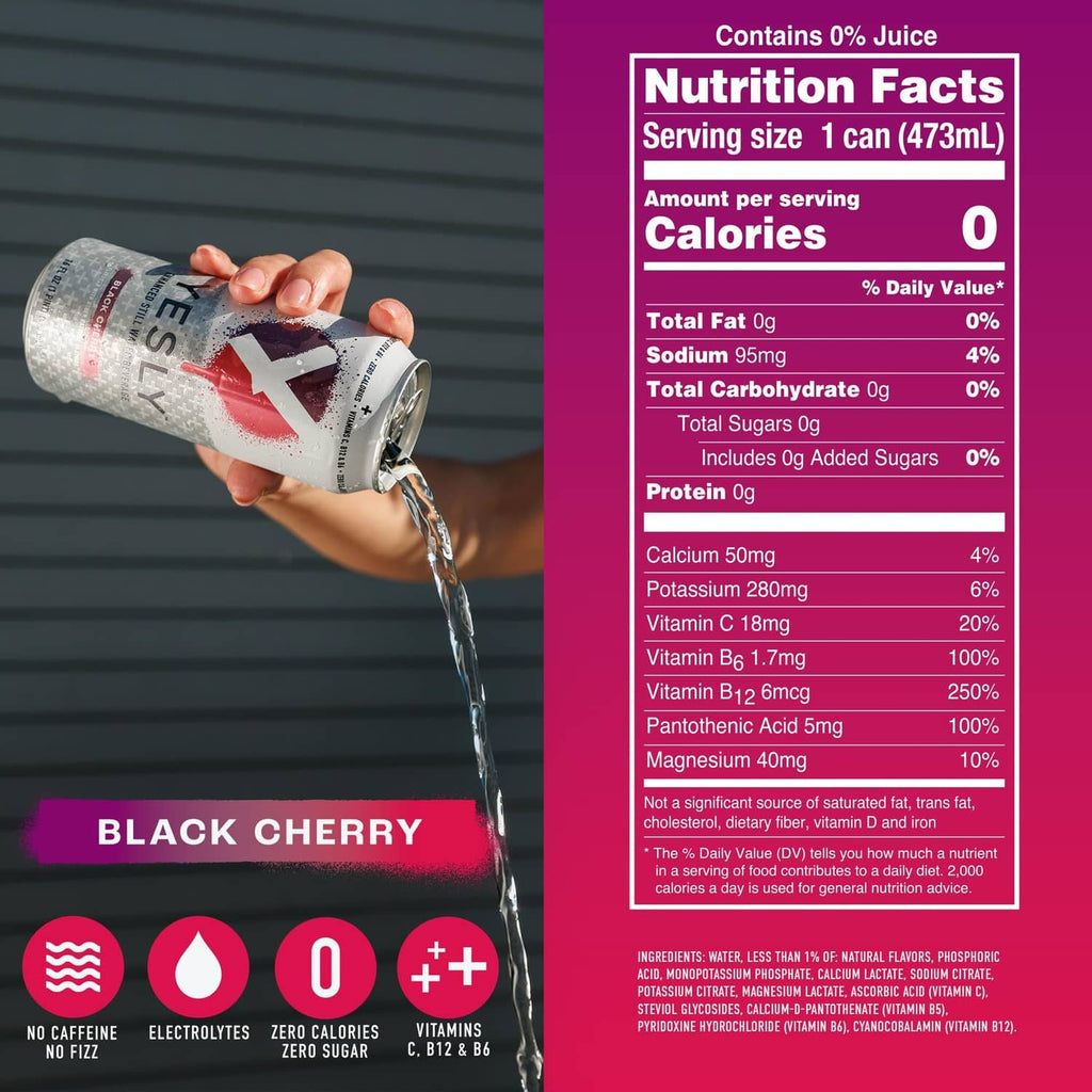 Black Cherry functional water can pouring, with Nutrition Facts panel