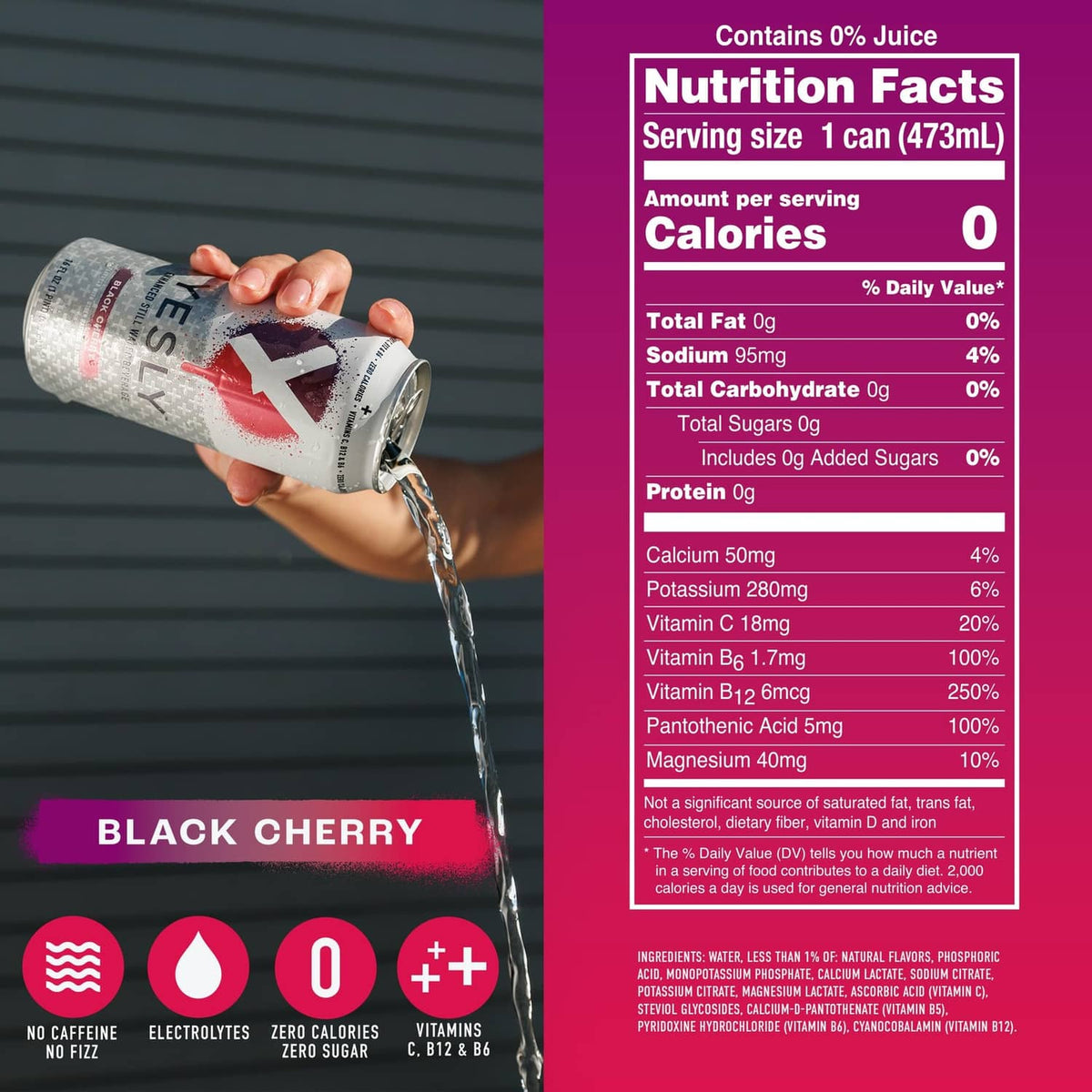 Black Cherry functional water can pouring, with Nutrition Facts panel