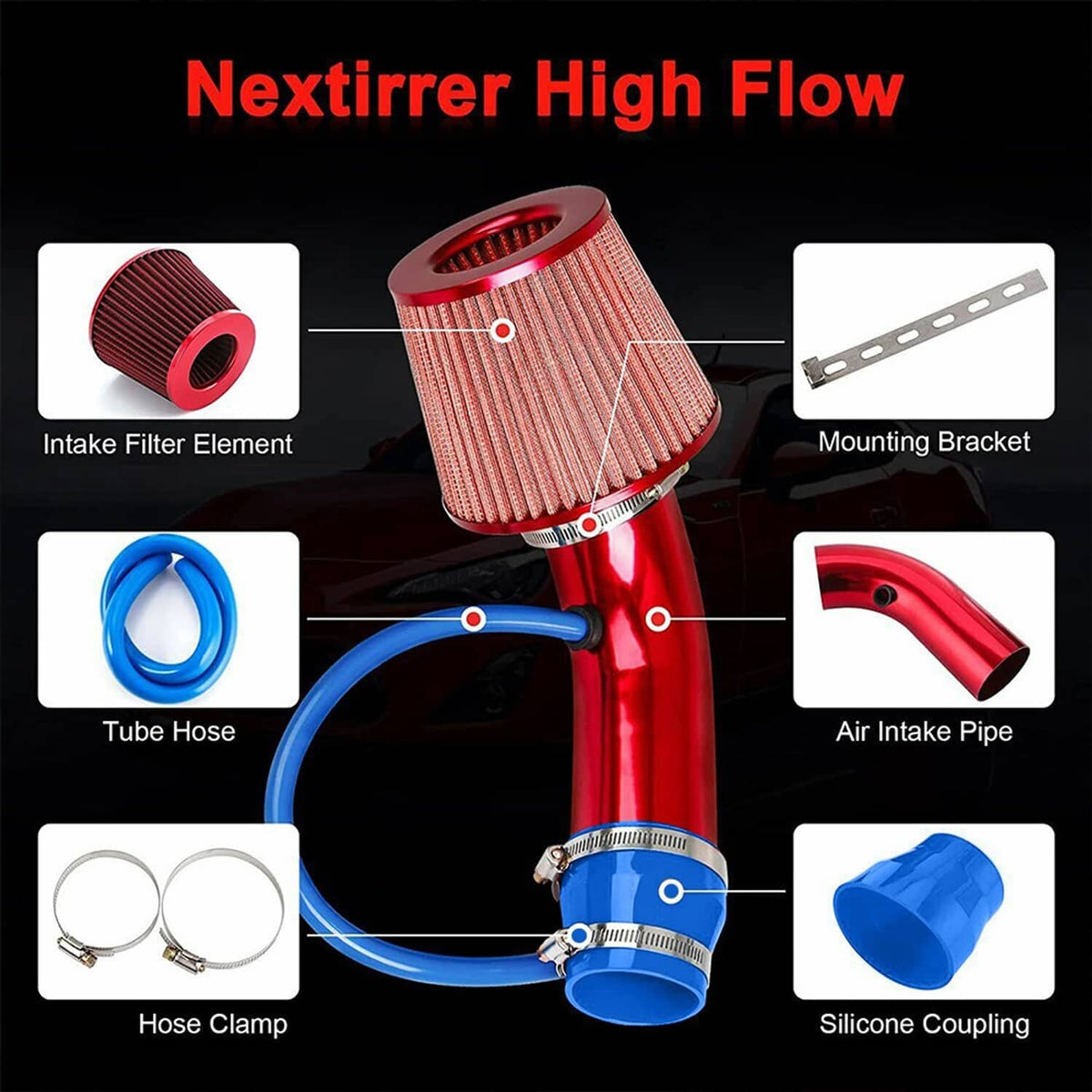High flow intake kit components: red filter element, red intake pipe, blue tube, clamps