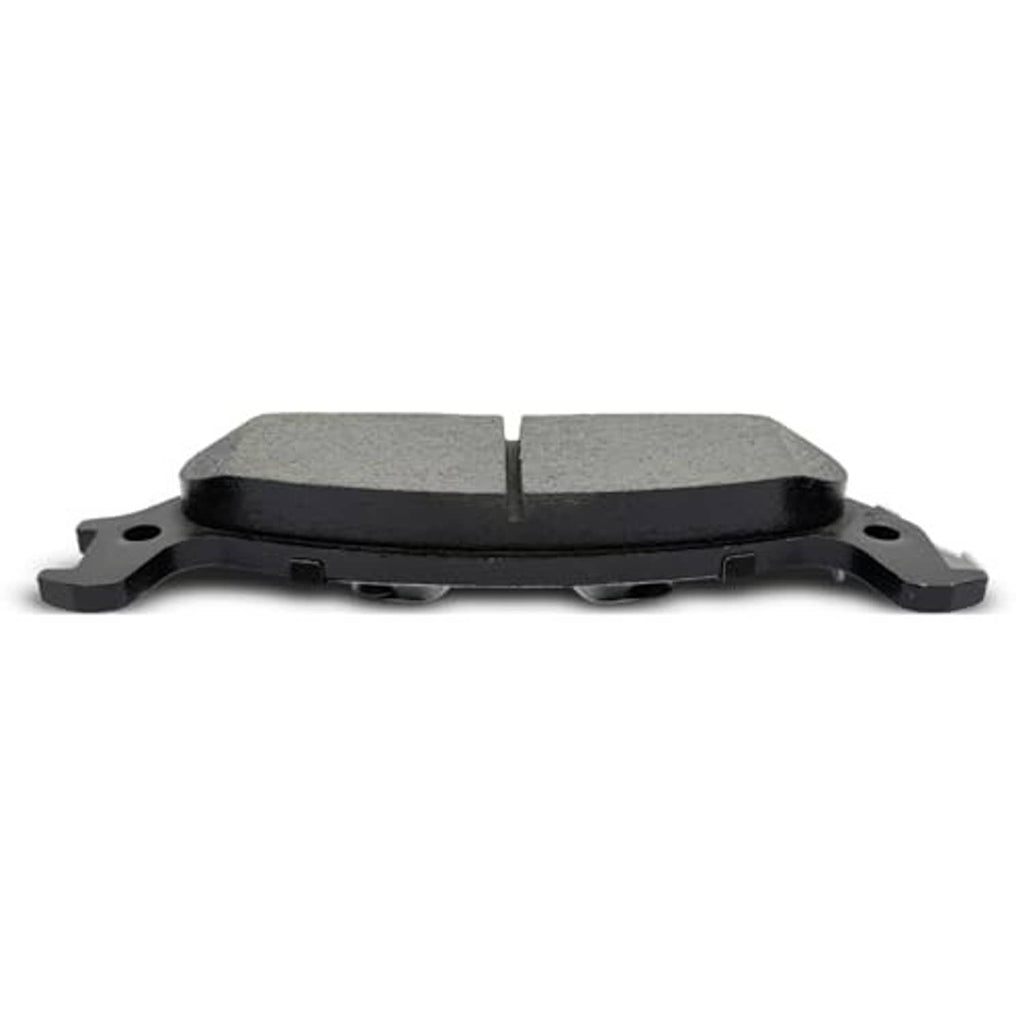 Ceramic brake pads with gray friction surface, center seam, and side mounting tabs