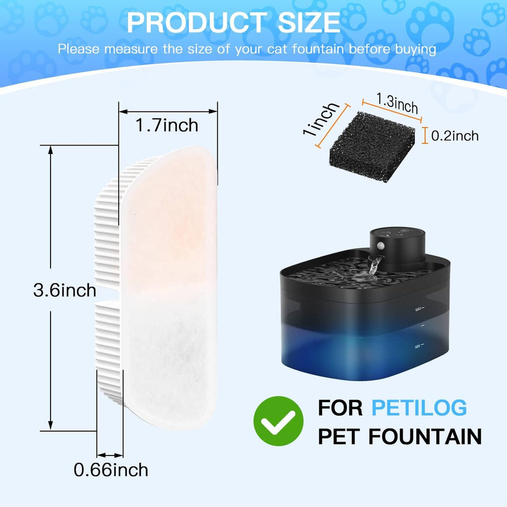 Replacement filter and sponge with size diagram for pet water fountain