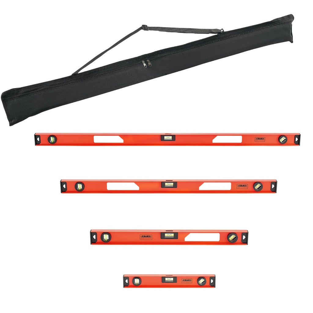 I-beam magnetic level set with black storage bag and four orange levels